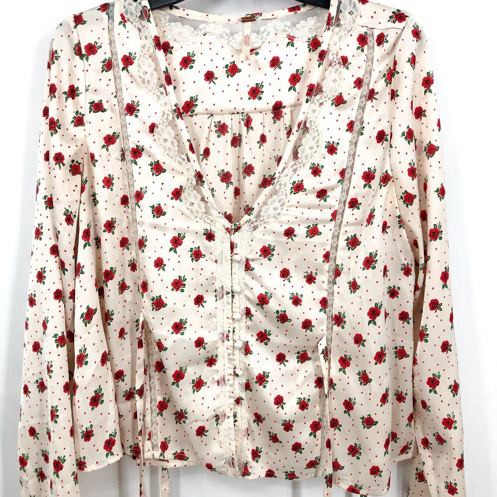 FREE PEOPLE Women's Field of Roses Top Medium Cream Red Long Sleeve NWOT - Picture 6 of 13
